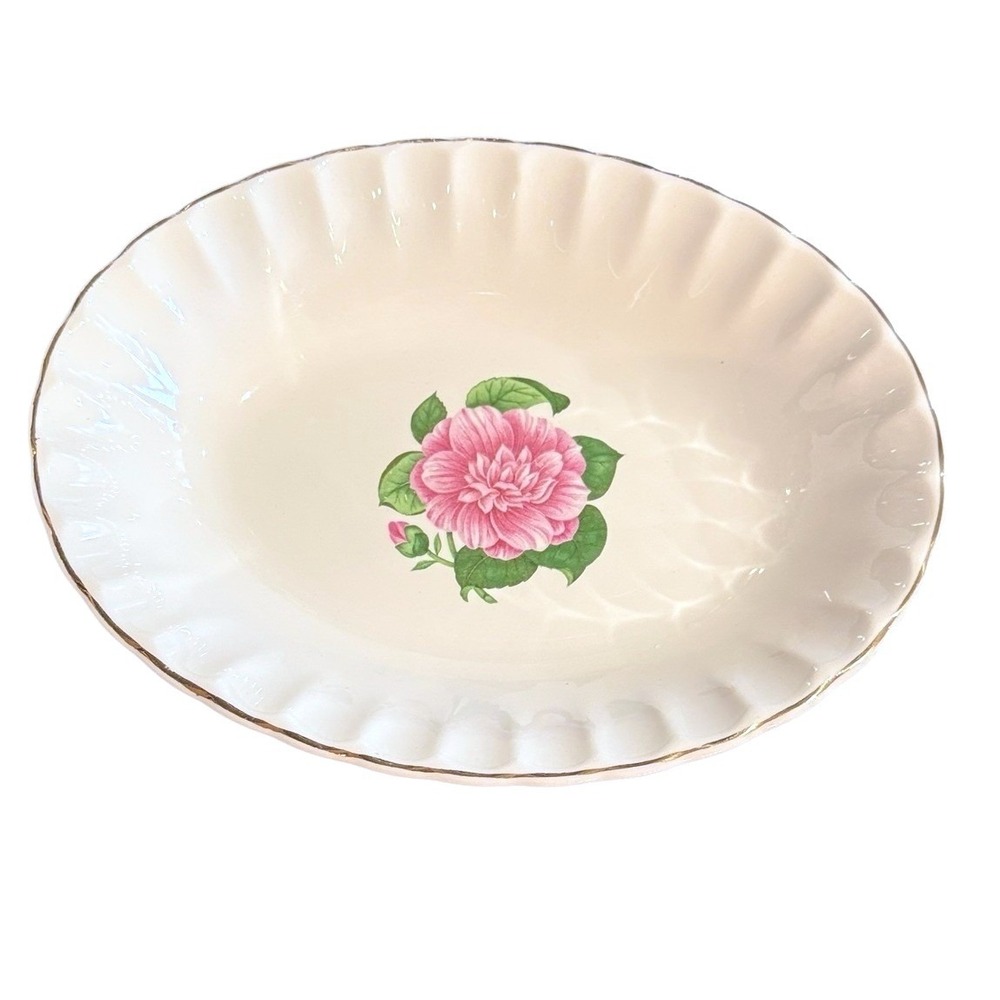 WS‎ George Vintage Oval Serving Bowl Pink Floral Camellia Scallop Gold Trim 9.5"